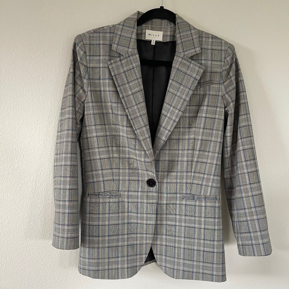 MILLY Gray Blue Checked Wool Blazer (P / 0-2)